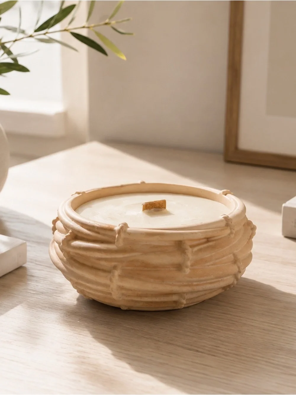 Cream Ceramic Bowl Candle with Wooden Wick - Home Accents